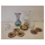 Partylite Crystal Votive Lantern, Cut Crystal Pillar Jar, Brass Candle Stand, Thirsty Stone Coasters, and Colored & Clear Glass Vases
