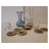 Partylite Crystal Votive Lantern, Cut Crystal Pillar Jar, Brass Candle Stand, Thirsty Stone Coasters, and Colored & Clear Glass Vases