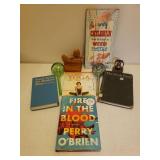 Vintage Books, Unruly Children Sign, Copper Liberty Bell Sharpener, Custom Made Wood Duck Note/Recipe Holder, and Pair of Blown Glass Planter Watering Globes