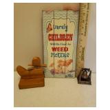 Vintage Books, Unruly Children Sign, Copper Liberty Bell Sharpener, Custom Made Wood Duck Note/Recipe Holder, and Pair of Blown Glass Planter Watering Globes