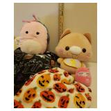 3 Fall/Halloween Throw/Lap Blankets and Collection of Plush "SquishMallows" - in Zippered Storage Bag