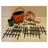 Plush Jack-O-Lantern Pumpkin Treat Bag, NIP Roll of Orange Deco Mesh Ribbon, and Metal Pumpkin Pillar Candle Lantern, Monster Jar Light, Wood Ghost/Pumpkin Train, and Stake Fence Panels