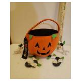 Plush Jack-O-Lantern Pumpkin Treat Bag, NIP Roll of Orange Deco Mesh Ribbon, and Metal Pumpkin Pillar Candle Lantern, Monster Jar Light, Wood Ghost/Pumpkin Train, and Stake Fence Panels