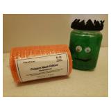 Plush Jack-O-Lantern Pumpkin Treat Bag, NIP Roll of Orange Deco Mesh Ribbon, and Metal Pumpkin Pillar Candle Lantern, Monster Jar Light, Wood Ghost/Pumpkin Train, and Stake Fence Panels