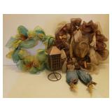 2 Large Fall Decor Mesh Ribbon Wreaths - 1 with Straw Hat hiding Scarecrow, and Large Copper Metal Hanging Candle Lantern on Stand