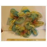 2 Large Fall Decor Mesh Ribbon Wreaths - 1 with Straw Hat hiding Scarecrow, and Large Copper Metal Hanging Candle Lantern on Stand