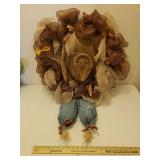 2 Large Fall Decor Mesh Ribbon Wreaths - 1 with Straw Hat hiding Scarecrow, and Large Copper Metal Hanging Candle Lantern on Stand