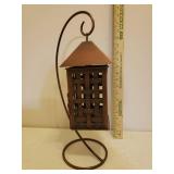 2 Large Fall Decor Mesh Ribbon Wreaths - 1 with Straw Hat hiding Scarecrow, and Large Copper Metal Hanging Candle Lantern on Stand