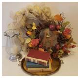 Fall Wreaths, Large Heavy Glass Hurricane Candle Lamp with Pewter Base, and Vintage Books