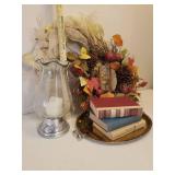 Fall Wreaths, Large Heavy Glass Hurricane Candle Lamp with Pewter Base, and Vintage Books