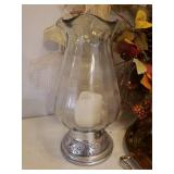 Fall Wreaths, Large Heavy Glass Hurricane Candle Lamp with Pewter Base, and Vintage Books