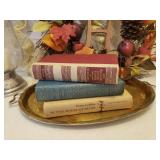 Fall Wreaths, Large Heavy Glass Hurricane Candle Lamp with Pewter Base, and Vintage Books