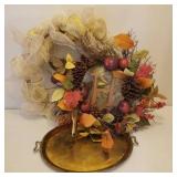 Fall Wreaths, Large Heavy Glass Hurricane Candle Lamp with Pewter Base, and Vintage Books