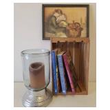 Vintage Wood Crate, Large Heavy Glass Hurricane Candle Lamp with Pewter Base, Home Decorating & Recipe Books, and Vintage Signed Print