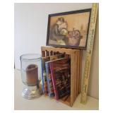 Vintage Wood Crate, Large Heavy Glass Hurricane Candle Lamp with Pewter Base, Home Decorating & Recipe Books, and Vintage Signed Print