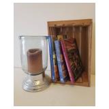 Vintage Wood Crate, Large Heavy Glass Hurricane Candle Lamp with Pewter Base, Home Decorating & Recipe Books, and Vintage Signed Print
