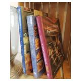 Vintage Wood Crate, Large Heavy Glass Hurricane Candle Lamp with Pewter Base, Home Decorating & Recipe Books, and Vintage Signed Print