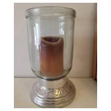 Vintage Wood Crate, Large Heavy Glass Hurricane Candle Lamp with Pewter Base, Home Decorating & Recipe Books, and Vintage Signed Print