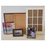 2 Framed Cork Boards, Multi Photo Frame, and 2 NIP 8x10 Photo Frames, and Two 5x7 Photo Frames