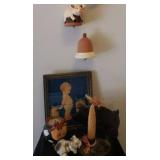 Vintage Framed Print of Toddler Sharing his Bottle with Pigs, Terra Cotta Pig Wind Chime, Ceramic Pig Votive Holder, and Laser Cut Metal Pig Candle Lantern with Corn Cob Taper Candle
