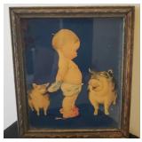 Vintage Framed Print of Toddler Sharing his Bottle with Pigs, Terra Cotta Pig Wind Chime, Ceramic Pig Votive Holder, and Laser Cut Metal Pig Candle Lantern with Corn Cob Taper Candle