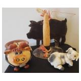 Vintage Framed Print of Toddler Sharing his Bottle with Pigs, Terra Cotta Pig Wind Chime, Ceramic Pig Votive Holder, and Laser Cut Metal Pig Candle Lantern with Corn Cob Taper Candle