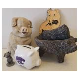 Pig Design Stone Mortar & Pestle, KSU Ceramic Piggy Bank, 1980 Hudson Pewter Pig Figurine, Pig Window Sun Catcher, and Resin Pig Figurine