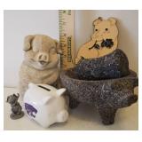Pig Design Stone Mortar & Pestle, KSU Ceramic Piggy Bank, 1980 Hudson Pewter Pig Figurine, Pig Window Sun Catcher, and Resin Pig Figurine
