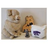Pig Design Stone Mortar & Pestle, KSU Ceramic Piggy Bank, 1980 Hudson Pewter Pig Figurine, Pig Window Sun Catcher, and Resin Pig Figurine