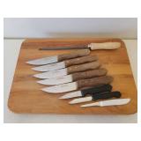 Large Footed Wood Counter-top Cutting Board, Set of 6 TRAMONTINA Steak Knives, Knife Sharpener, and 3 Paring Knives