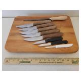 Large Footed Wood Counter-top Cutting Board, Set of 6 TRAMONTINA Steak Knives, Knife Sharpener, and 3 Paring Knives