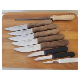 Large Footed Wood Counter-top Cutting Board, Set of 6 TRAMONTINA Steak Knives, Knife Sharpener, and 3 Paring Knives