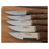 Large Footed Wood Counter-top Cutting Board, Set of 6 TRAMONTINA Steak Knives, Knife Sharpener, and 3 Paring Knives