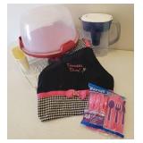 PUR Water Filter Pitcher, Wilton Cake Dome/Carrier, Dish Drying Rack, Domestic Diva Apron, and NIP Pink Plastic Cutlery Set
