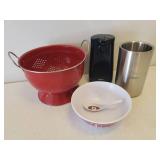 Oster Electric Can Opener with Knife Sharpener, Oster Wine Chiller, Large Red Metal Colander, and Rice Bowl with Spoon