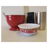 Oster Electric Can Opener with Knife Sharpener, Oster Wine Chiller, Large Red Metal Colander, and Rice Bowl with Spoon