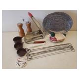 Carson Statesmetal Daily Bread Tray, Vintage Wall Mount French Fry Cutter, Wood S/P Shaker Set, Ceramic Duck Spoon Rest/Sponge Holder, Metal Kabob Skewers, & Measuring Cups/Spoons