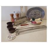 Carson Statesmetal Daily Bread Tray, Vintage Wall Mount French Fry Cutter, Wood S/P Shaker Set, Ceramic Duck Spoon Rest/Sponge Holder, Metal Kabob Skewers, & Measuring Cups/Spoons