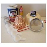 Vintage Copper Kitchen Mold, Bundt Pan, Quaker Oats Ceramic/Crockery, Large Sifter, PAM Spray, Handled Metal Shaker Set, Measuring Cups, & Mini Baking Cups