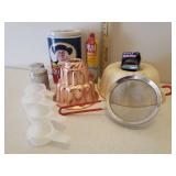 Vintage Copper Kitchen Mold, Bundt Pan, Quaker Oats Ceramic/Crockery, Large Sifter, PAM Spray, Handled Metal Shaker Set, Measuring Cups, & Mini Baking Cups