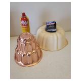 Vintage Copper Kitchen Mold, Bundt Pan, Quaker Oats Ceramic/Crockery, Large Sifter, PAM Spray, Handled Metal Shaker Set, Measuring Cups, & Mini Baking Cups