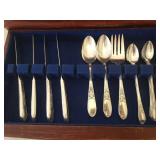 Vintage Wm. Rogers Silver Plate Flatware Service in Wood Presentation Box with 1 Drawer - Grapes Design - 92Pcs + Case