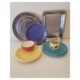 Vintage Gibson Fiesta Style 11in Dinner Plates in 2 Colors, BH&G Pasta Bowl, Hand Thrown Glazed Pottery Sauce Bowl, and 2 Stainless Steel Serving Trays