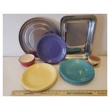 Vintage Gibson Fiesta Style 11in Dinner Plates in 2 Colors, BH&G Pasta Bowl, Hand Thrown Glazed Pottery Sauce Bowl, and 2 Stainless Steel Serving Trays