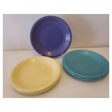 Vintage Gibson Fiesta Style 11in Dinner Plates in 2 Colors, BH&G Pasta Bowl, Hand Thrown Glazed Pottery Sauce Bowl, and 2 Stainless Steel Serving Trays