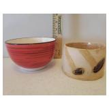 Vintage Gibson Fiesta Style 11in Dinner Plates in 2 Colors, BH&G Pasta Bowl, Hand Thrown Glazed Pottery Sauce Bowl, and 2 Stainless Steel Serving Trays