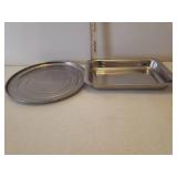 Vintage Gibson Fiesta Style 11in Dinner Plates in 2 Colors, BH&G Pasta Bowl, Hand Thrown Glazed Pottery Sauce Bowl, and 2 Stainless Steel Serving Trays