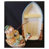 Vintage FITZ & FLOYD Fishing Pig in Boat Lidded Treat Jar and Large Ceramic Boat Serving Dish