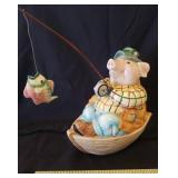 Vintage FITZ & FLOYD Fishing Pig in Boat Lidded Treat Jar and Large Ceramic Boat Serving Dish