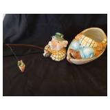 Vintage FITZ & FLOYD Fishing Pig in Boat Lidded Treat Jar and Large Ceramic Boat Serving Dish